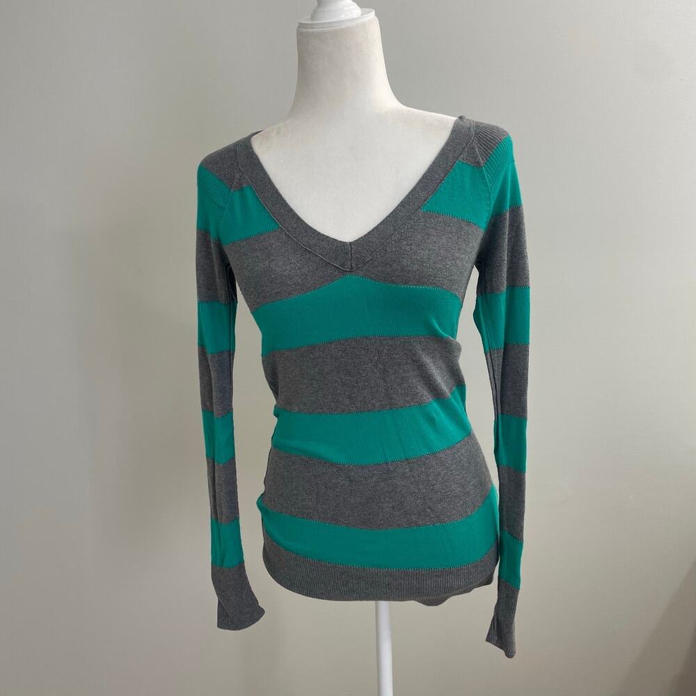 American Eagle S/P Y2K Striped V-Neck Sweater Teal Gray Preppy 100% Cotton
